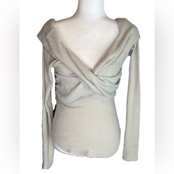 Free People Marley cross front long sleeve ribbed sweater top tan beige L large - Picture 4 of 9